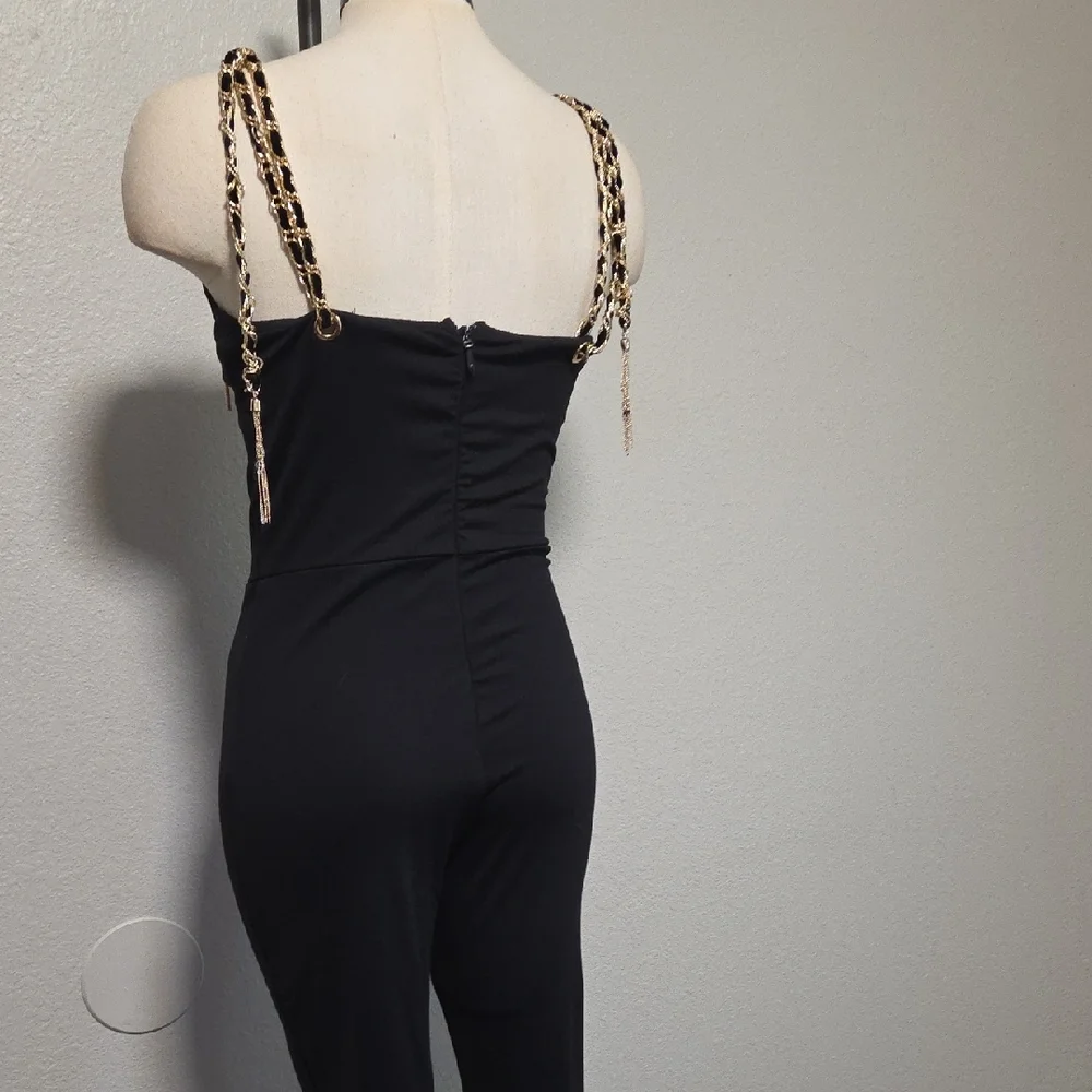 Women's Chic Black Jumpsuit with Leopard Straps